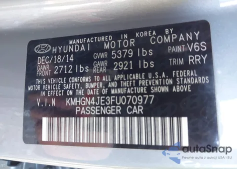 2015 Hyundai Genesis 3.8 from USA, damaged, VIN KMHGN4JE3FU070977